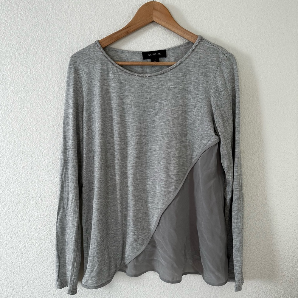 St. John Heather Grey Long Sleeve Top Silk & Viscose, Collar Trim Size Small